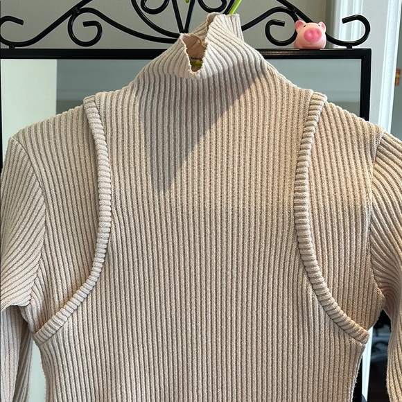 Cream Long Sleeve Ribbed Dress - Picture 3 of 5